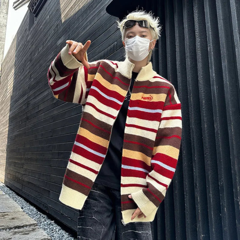 American Sweater Cardigan Jacket Men's Spring Versatile Loose Striped Couple Zipper Knitted Sweater 2025 Turtleneck 9C9259