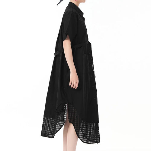 Load image into Gallery viewer, Women Blue Mesh Color-block Big Size Midi Shirt Dress New Lapel Short Sleeve Fashion Tide Spring Summer 2025 1DJ0932
