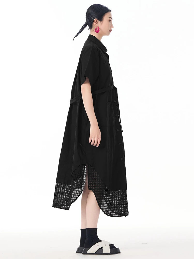 Women Blue Mesh Color-block Big Size Midi Shirt Dress New Lapel Short Sleeve Fashion Tide Spring Summer 2025 1DJ0932