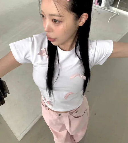 Korean Black Woman Tshirts 2024 Ropa Mujer O-neck Short Sleeve Slim Fit Summer Tees Y2k Tops Bow Casual Fashion Crop T-shirts