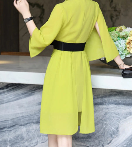 Solid Sheer Spliced Belt Temperament Dresses for Women Lapel Half Sleeves Patchwork Double Breasted Dress Female