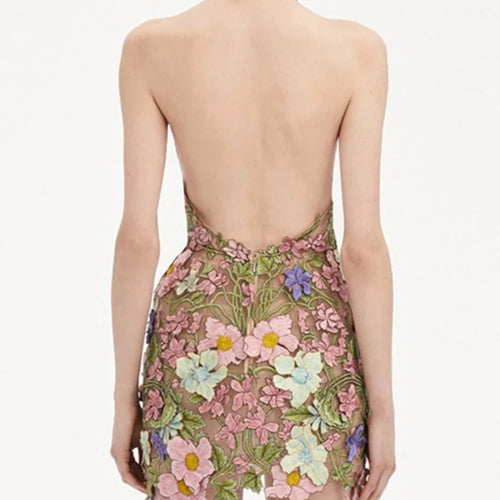 Load image into Gallery viewer, Hit Color Slimming Spliced Embroidery Dresses for Women Halter Sleeveless Backless High Waist Dress Female Clothing
