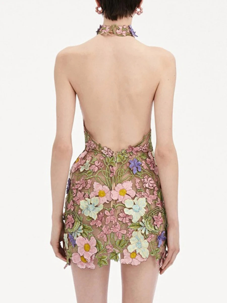 Hit Color Slimming Spliced Embroidery Dresses for Women Halter Sleeveless Backless High Waist Dress Female Clothing