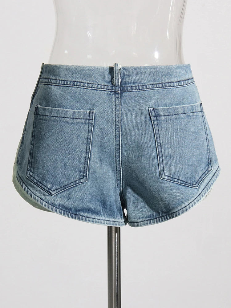 Patchwork Hit Color Shorts For Women High Waist Patchwork Zipper Casual Loose Denim Short Length Pants Female 2023