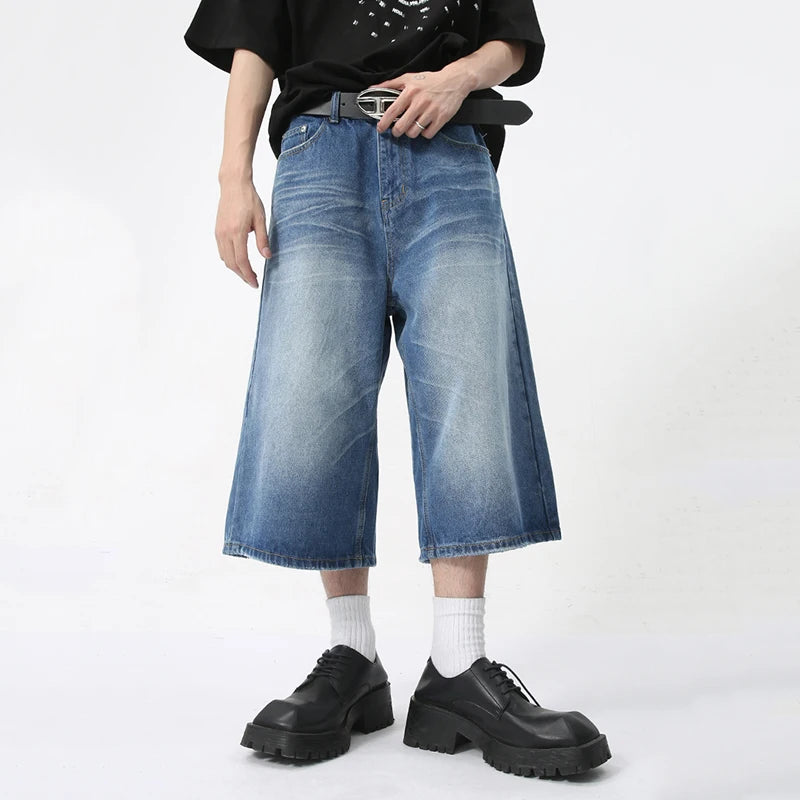 Men's Cropped Jeans Casual Straight Leg Loose Wide Leg Trendy Clothing Summer Retro Style Versatile Denim Pants 9C5899