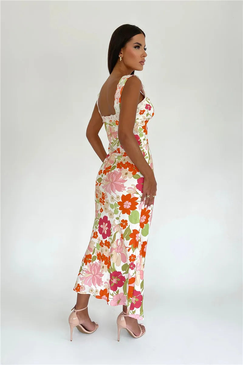 Floral Print Backless Maxi Dress For Women 2023 New V Neck Sleeveless Bodycon Long Dresses Ladies Elegant Sexy Dress