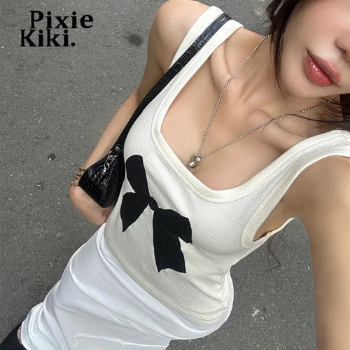 Load image into Gallery viewer, Bow Print Sleeveless Graphic Tee Y2k Shirts 2000s Cute Clothing Summer White Tank Tops for Women P33-BD10
