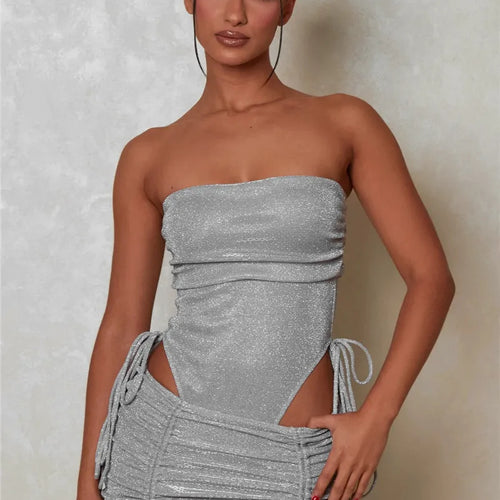 Load image into Gallery viewer, Glitter Sexy Dress Set Women Strapless Bodysuit And Mini Skirt Matching Sets Ladies Party Drawstring Two Piece Sets
