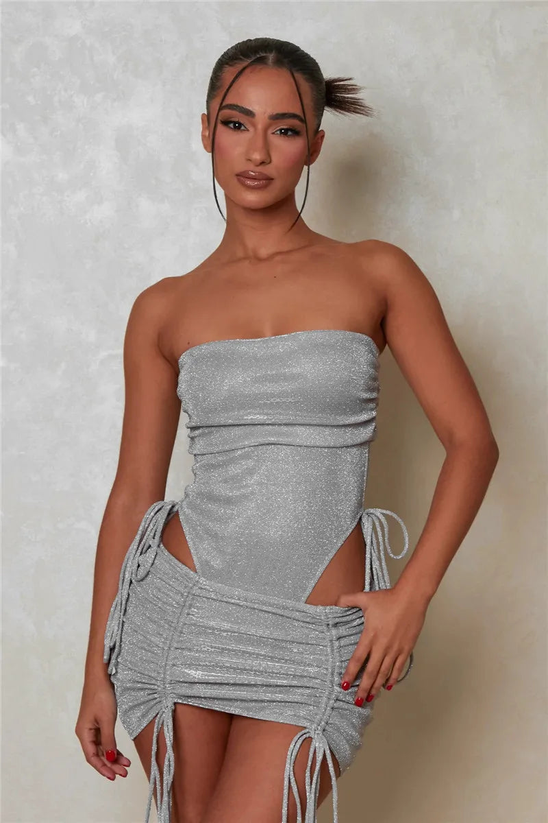 Glitter Sexy Dress Set Women Strapless Bodysuit And Mini Skirt Matching Sets Ladies Party Drawstring Two Piece Sets