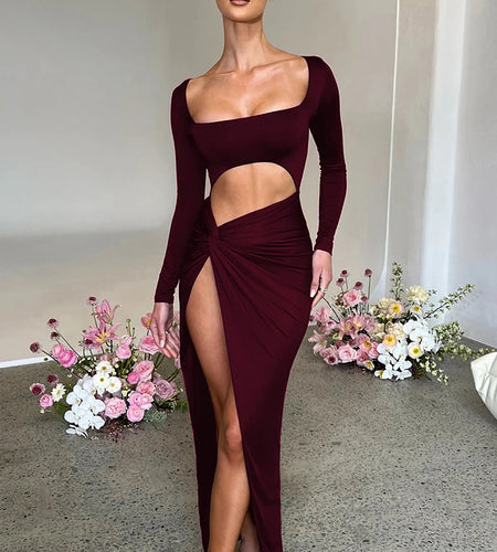 Sexy Hollow Out Ruched Women Dress Red Long Sleeve High Slit Maxi Dress Female Autumn Skinny Elegant Party Clubwear 2022
