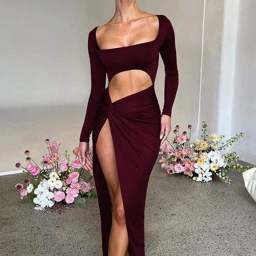 Load image into Gallery viewer, Sexy Hollow Out Ruched Women Dress Red Long Sleeve High Slit Maxi Dress Female Autumn Skinny Elegant Party Clubwear 2022
