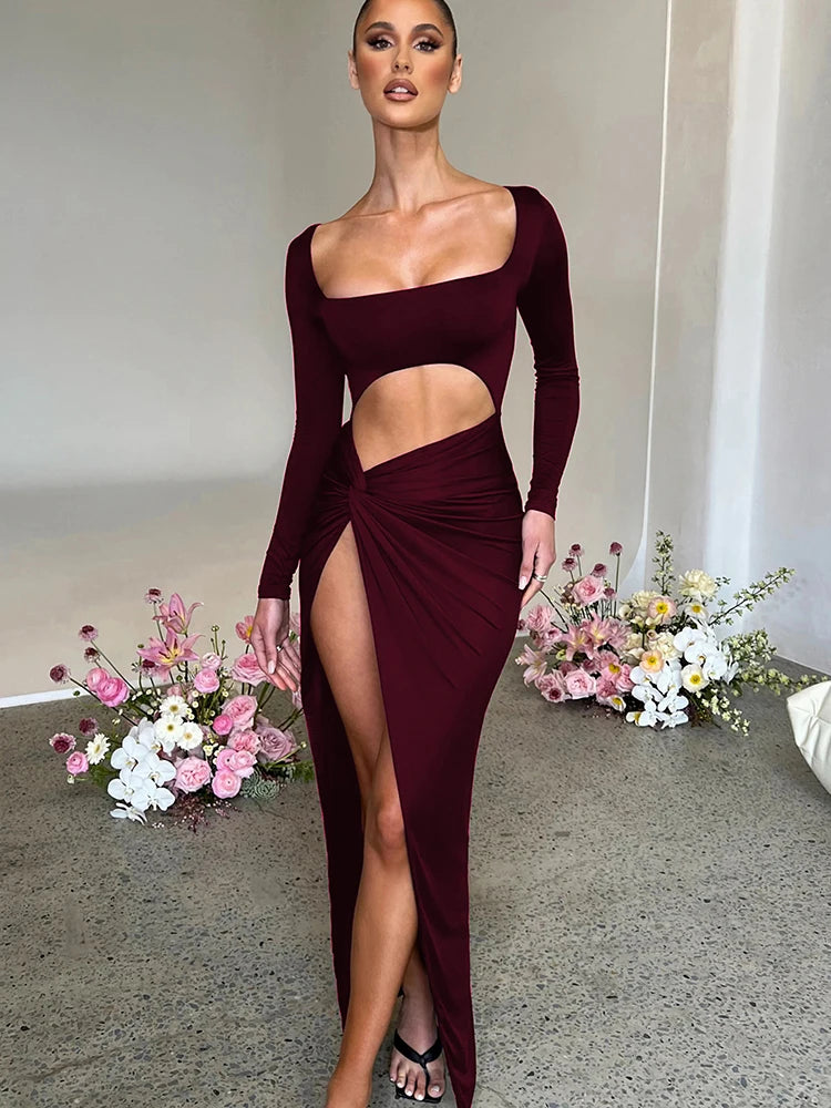 Sexy Hollow Out Ruched Women Dress Red Long Sleeve High Slit Maxi Dress Female Autumn Skinny Elegant Party Clubwear 2022