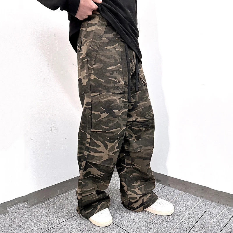 Men's Cargo Pants New American Style High Street  Loose Multi Pockets Trendy Straight Wide Leg Summer Male Trousers 9W1779