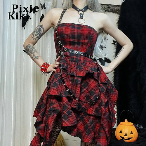 Load image into Gallery viewer, Plaid Irregular Tube Top Dress Halloween Outfits Punk Gothic Clothes Women Rivet Gingham Mini Dress Grunge P80-DA27
