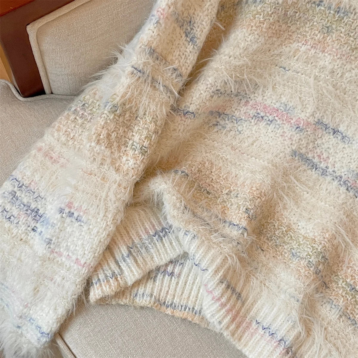 French Retro Fashion Women's Sweet Rainbow Round Neck Long Sleeve Knit Sweater Autumn Winter Vacation Short Pullover Tops Trendy