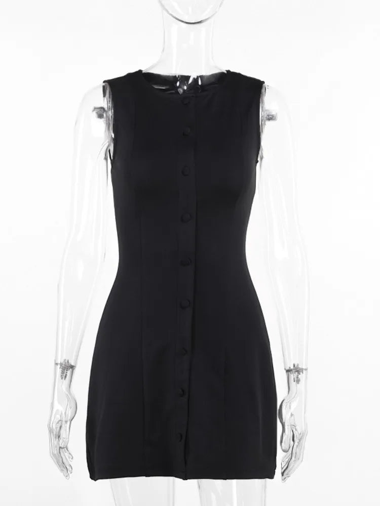 Fashion Sleeveless Sexy Mini Dress For Women New O Neck Single-btrasted Bodycon Club Party Tank Dress Femme Clothes