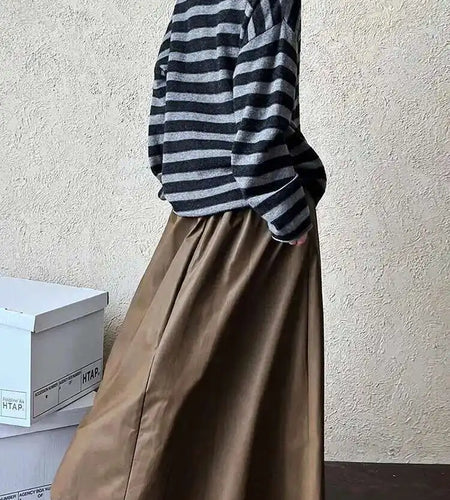 High Elastic Waist Coffee Pu Leather Vintage Long A-line Half-body Skirt Women Fashion Tide New Spring Autumn 2025 1DH7198