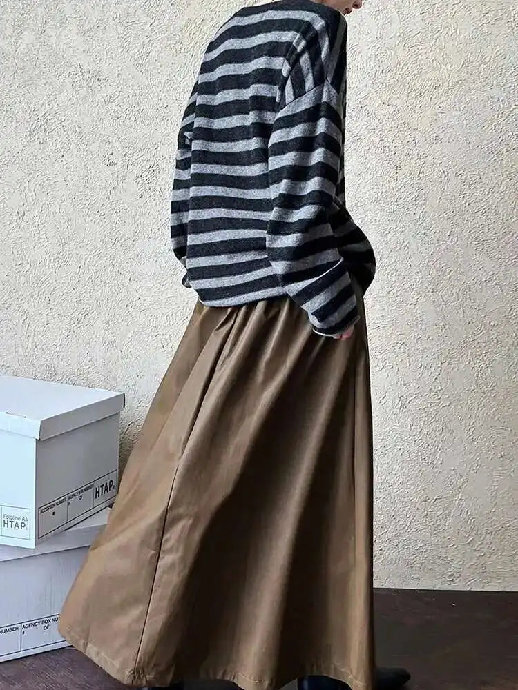 High Elastic Waist Coffee Pu Leather Vintage Long A-line Half-body Skirt Women Fashion Tide New Spring Autumn 2025 1DH7198