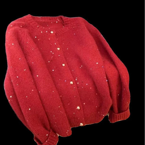 Load image into Gallery viewer, Korean Vintage Red Sequined Single Breasted Cardigan Sweater Women Autumn Winter Round Neck Long Sleeve Knitwear Tops Streetwear
