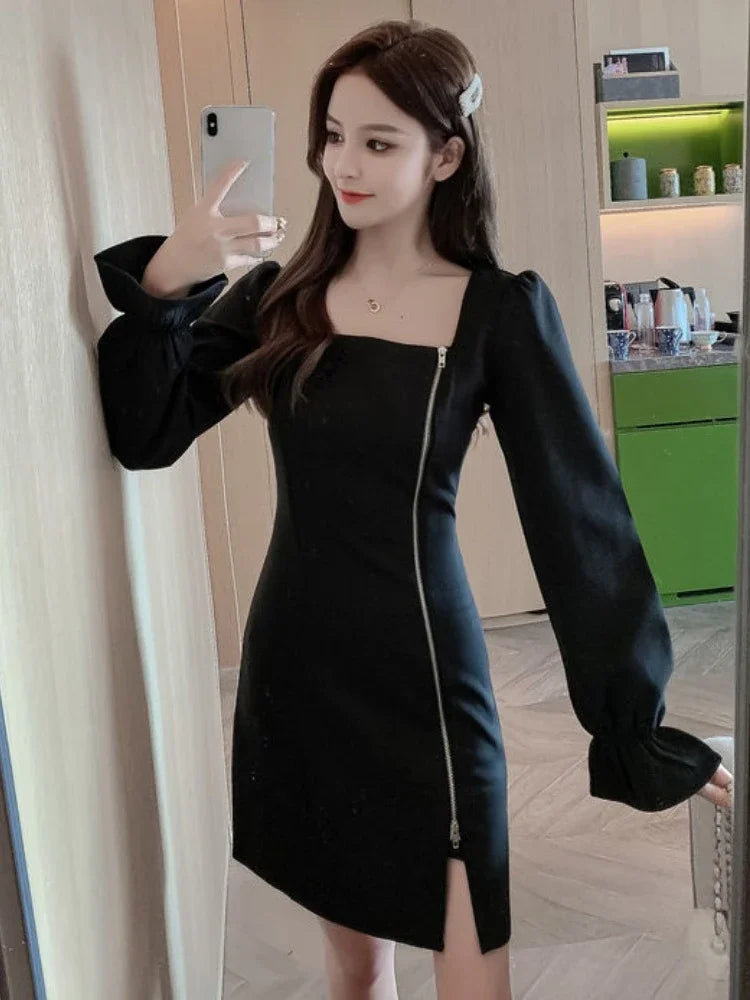 Autumn Korean Zip Oversized Black Long Sleeve Mini Dress Women Vintage Retro Square Collar Short Dresses