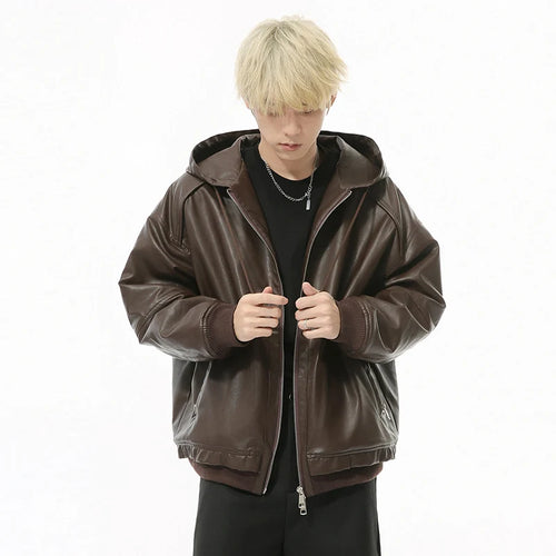 Load image into Gallery viewer, High Street Men&#39;s Padded Jackets Hooded Drawstring Solid Color PU Leather Zipper Patchwork Casual Male Cotton Coats 9C8976
