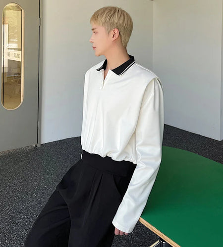 Male T-shirts New College Style Short Personalized Lapel Turn-down Collar Contrast Color Spliced Top Spring Trend 9W1279