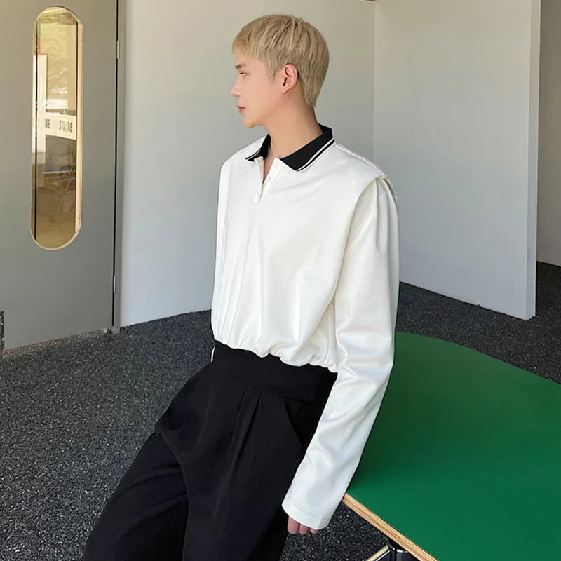 Male T-shirts New College Style Short Personalized Lapel Turn-down Collar Contrast Color Spliced Top Spring Trend 9W1279