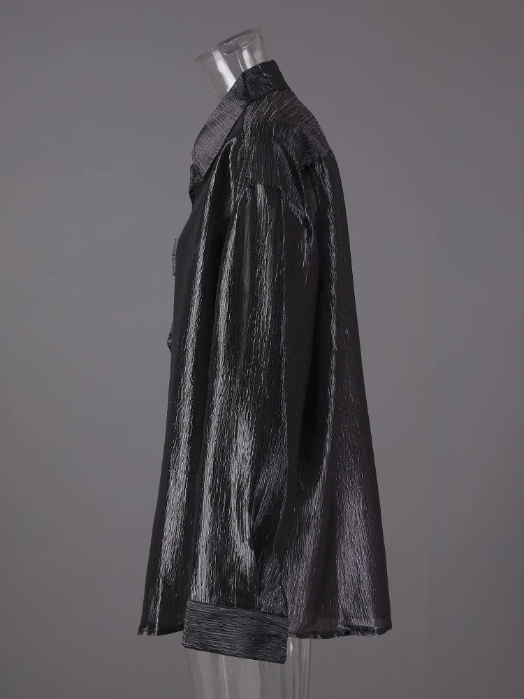 Women Black Thin Ruffles Perspective Big Size Blouse New Lapel Long Sleeve Shirt Fashion Tide Spring Autumn 2025  CPG3108