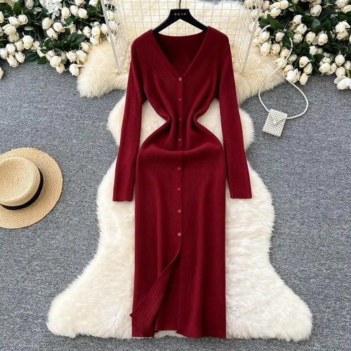 Load image into Gallery viewer, Korean Women Solid V-neck Single Breasted Festival Dresses Autumn Winter Slim Long Sleeve Office Knitted Dress Ladies Simplicity
