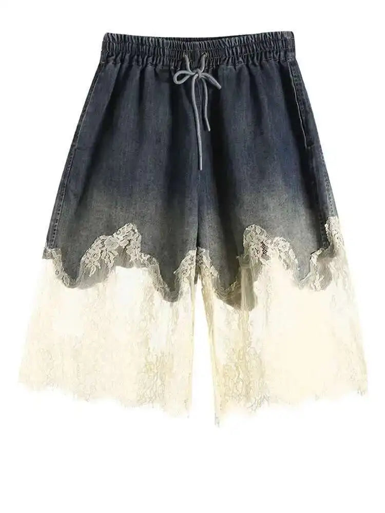 Denim Lace Elegant Tank Top Wide Leg Shorts Two Piece Suit New V-Neck Women Fashion Tide Spring Summer 2025 7AB4274