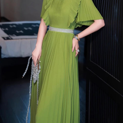 Load image into Gallery viewer, Hit Color Spliced Ruffles Slimming Dresses For Women O Neck Short Sleeve High Waist Temperament Dress Female New
