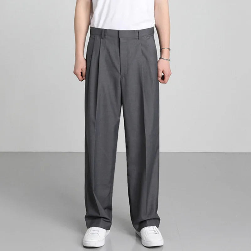 Korean Style Men's Suit Pants Droop Business Casual Straight Wide Leg Zippers Solid Color Male Trousers Summer 9C6576