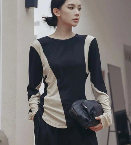 Women Black Apricot Color-block Big Size Casual T-shirt New Round Neck Long Sleeve Fashion Tide Spring Autumn 2025 1DF5723