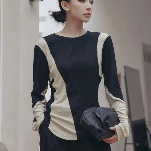 Load image into Gallery viewer, Women Black Apricot Color-block Big Size Casual T-shirt New Round Neck Long Sleeve Fashion Tide Spring Autumn 2025 1DF5723
