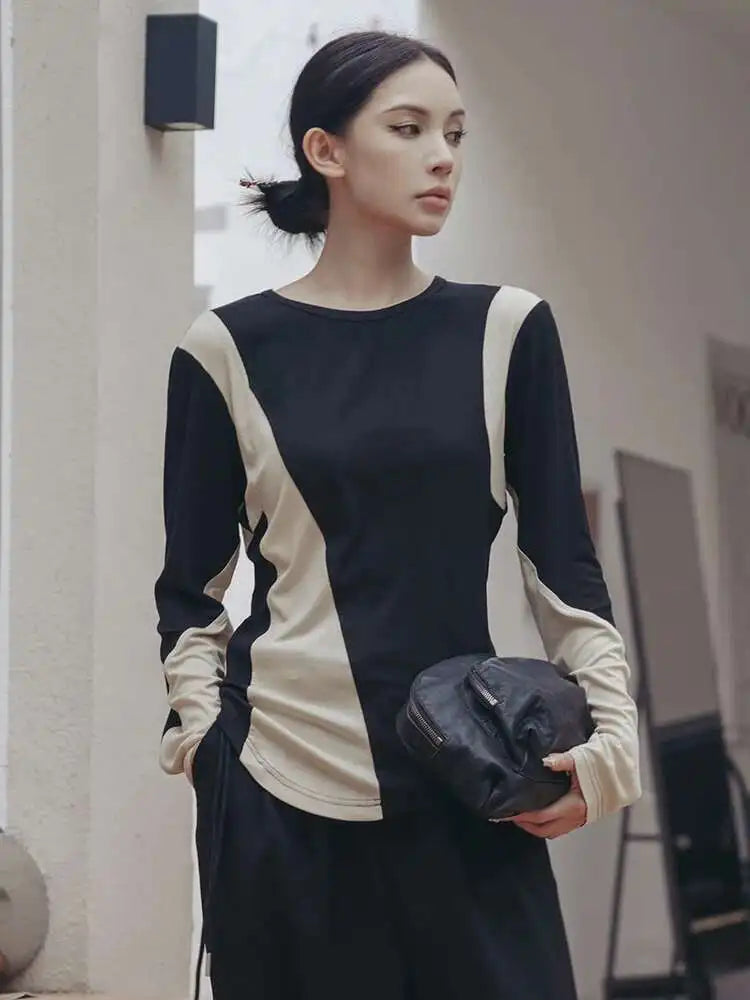 Women Black Apricot Color-block Big Size Casual T-shirt New Round Neck Long Sleeve Fashion Tide Spring Autumn 2025 1DF5723