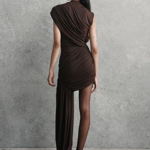 Load image into Gallery viewer, Irregular Draped Ruched Sexy Mini Dress For Women Elegant Turtleneck Sleeveless High Waist Pleated Club Party Dress
