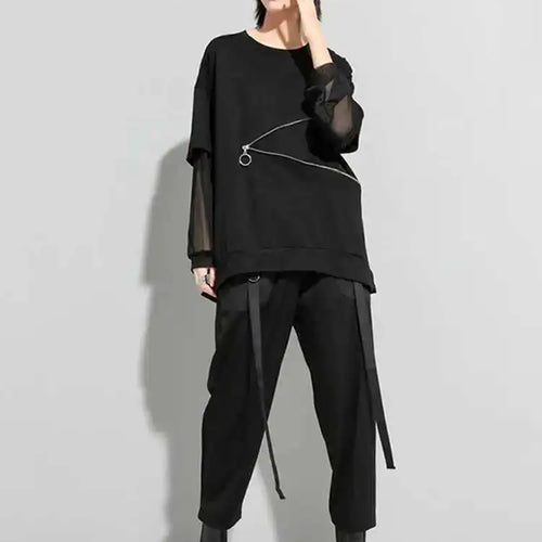 Load image into Gallery viewer, Women Black Zippper Mesh Spliced Big Size T-shirt New Round Neck Long Sleeve  Fashion Tide  Spring Autumn 2025 1DD5774
