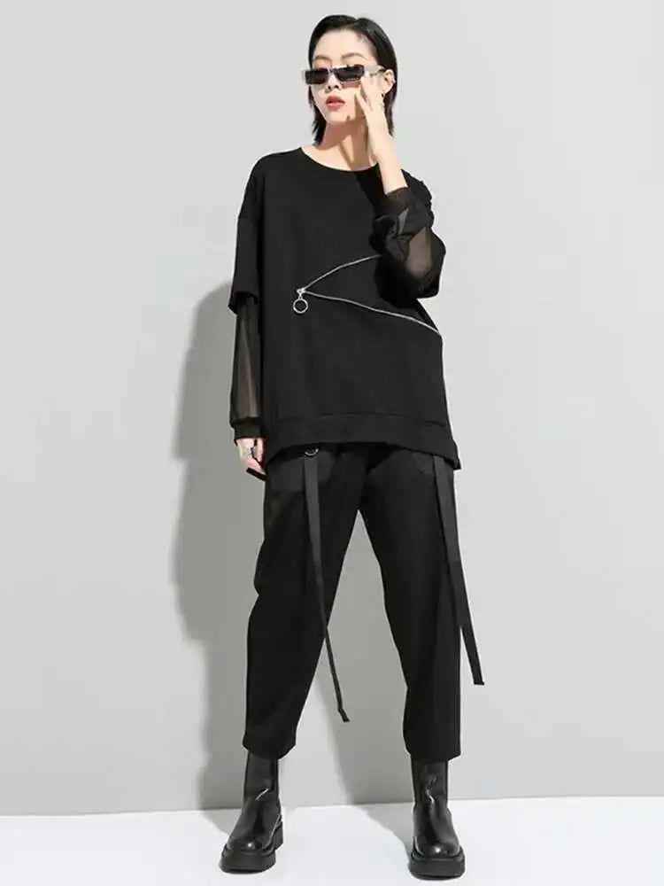 Women Black Zippper Mesh Spliced Big Size T-shirt New Round Neck Long Sleeve  Fashion Tide  Spring Autumn 2025 1DD5774