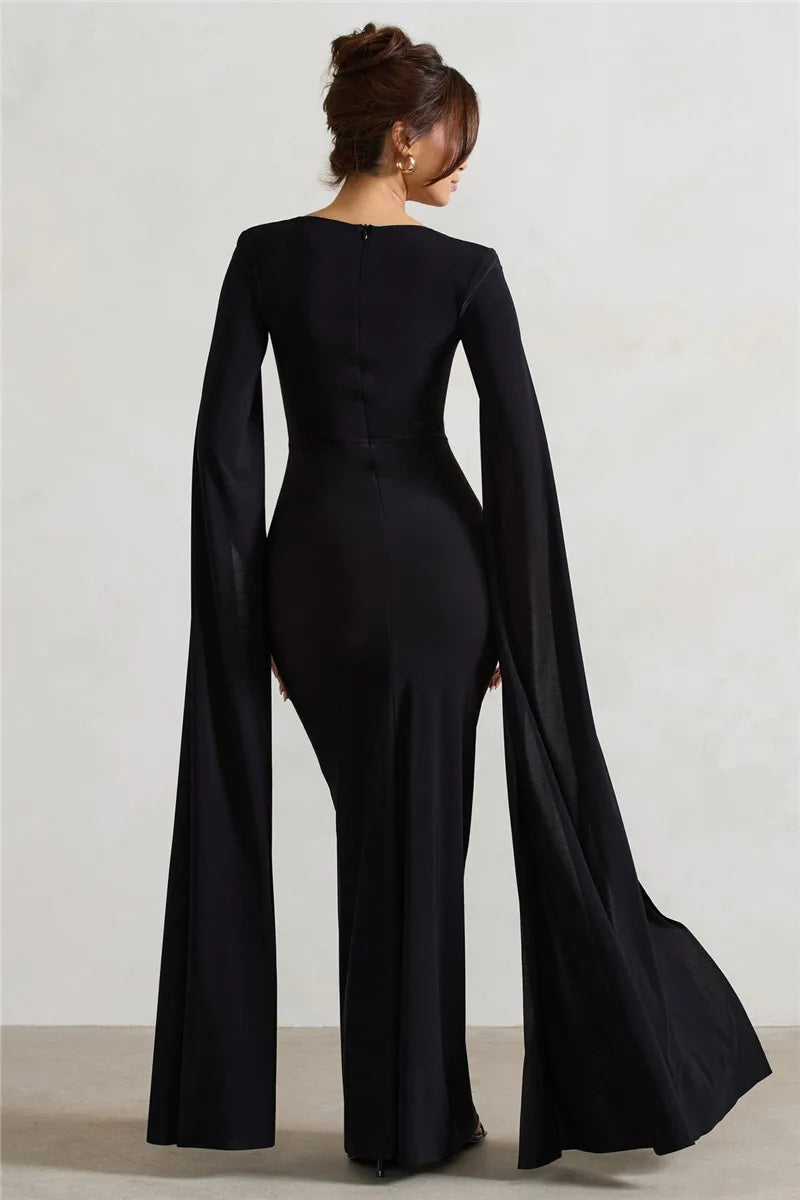 Long Cape Sleeve Split Maxi Dress For Women Gown Fashion Solid Square Collar Evening Sexy Long Dress Elegant New
