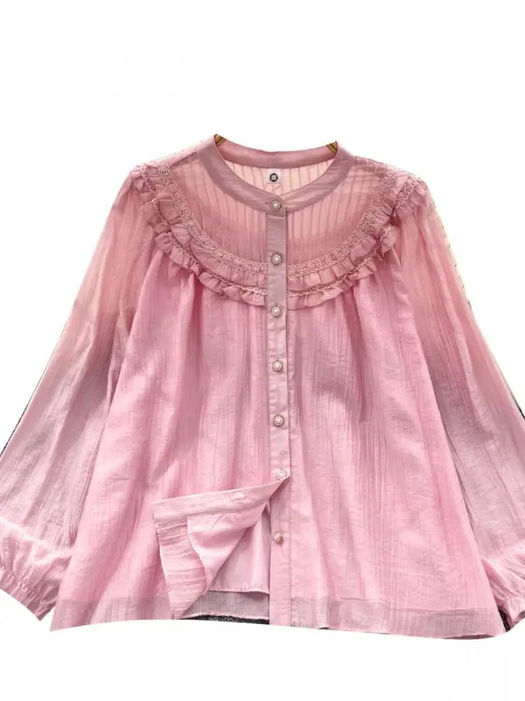 Vintage Sweet Solid Elegant Ruffle Edge Lace Tops Women Autumn New Round Neck Versatile Long Sleeved Single Breasted Shirt Trend
