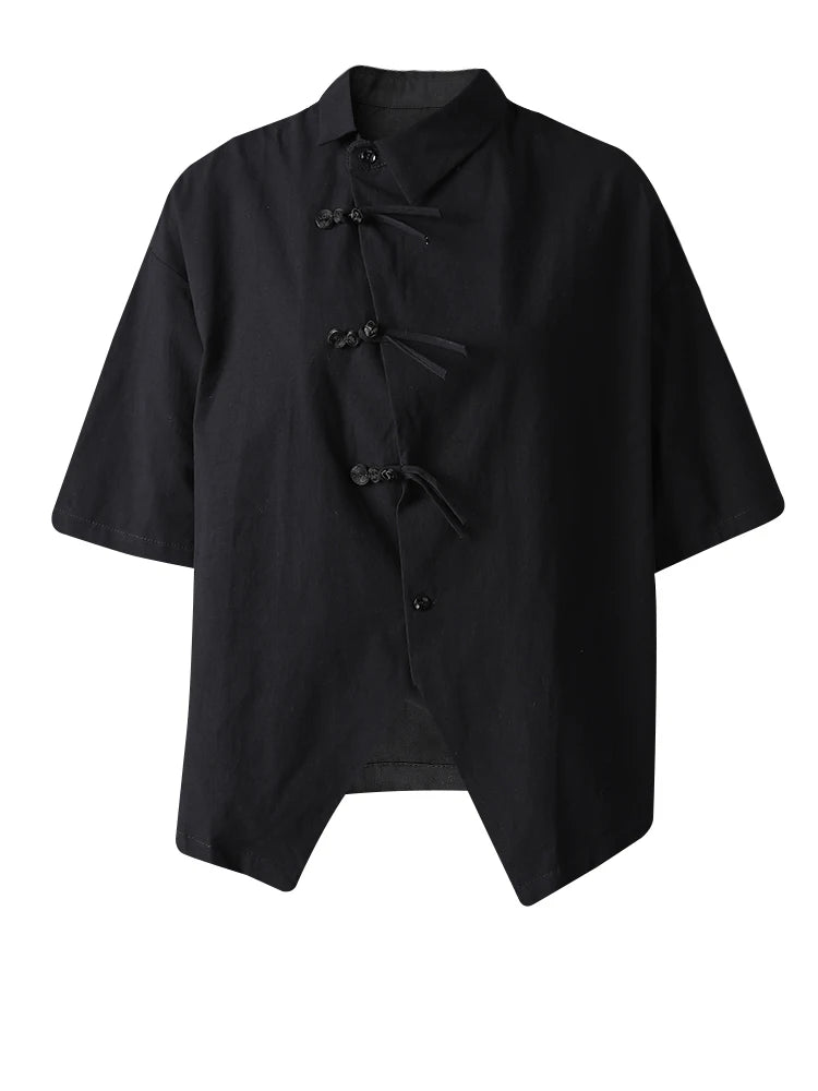 Women White Buckle Irregular Thin Big Size Blouse New Lapel Short Sleeve Shirt Fashion Tide Spring Summer 2025 CPG3164