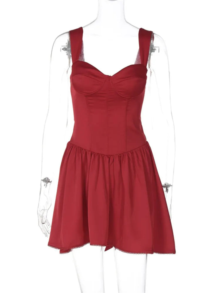 Red Backless Sexy Mini Dress Women Summer New Sleeveless Backless High Waist A-line Club Party Elegant Dress 2025