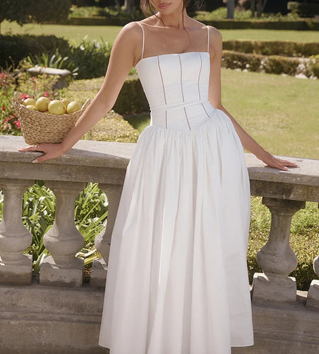 Elegant White Sundress Spaghetti Strap Backless Midi Dress For Women Fashion Sleeveless A-line Loose Long Dress New