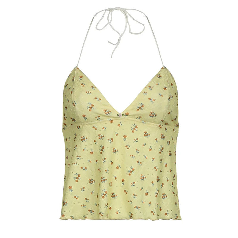 Summer Holidays Backless Halter Top Camisole Tie-Up Sexy Hot Print Tanks Korean Kawaii Summer Crop Tops Women Flowers