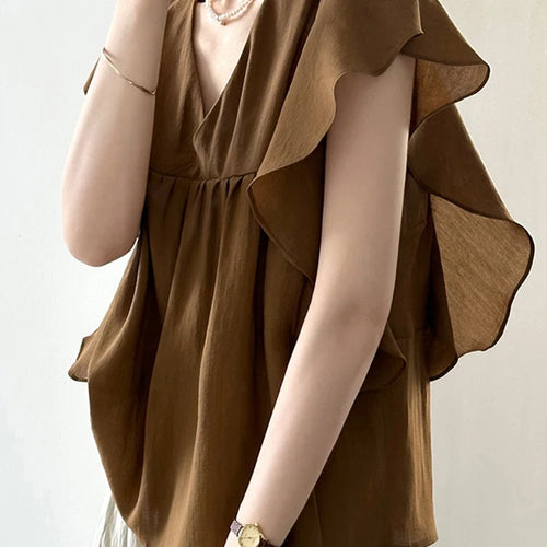 Load image into Gallery viewer, French Style Chic Brown Ruffles Women Blouse Flying Sleeve V-neck Solid Color Fashion Female Blouse Summer Elegant Tops
