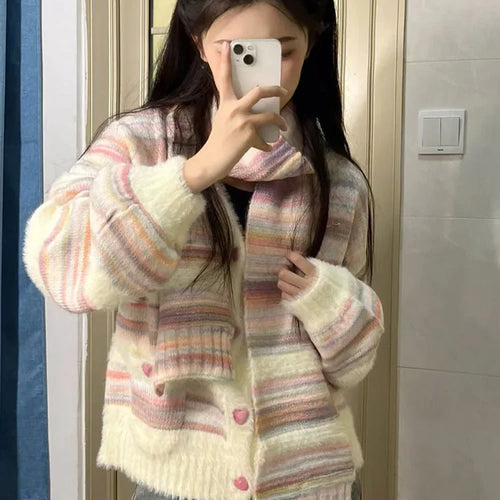Load image into Gallery viewer, Rainbow Striped Cardigan Women Kawaii Heart Button Japanese Soft Sweet Knitted Sweater Coat Harajuku Y2k Kardigany
