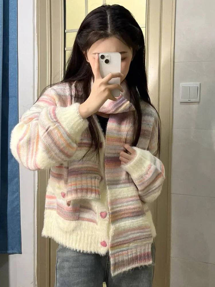 Rainbow Striped Cardigan Women Kawaii Heart Button Japanese Soft Sweet Knitted Sweater Coat Harajuku Y2k Kardigany