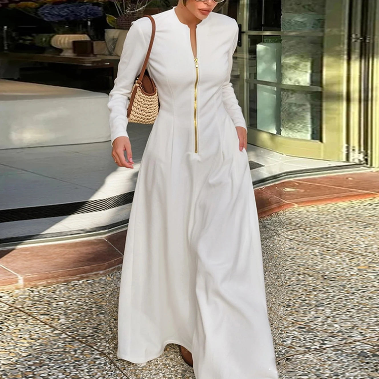 Female Autumn Elegant Ziper Long Sleeve Maxi Dresses 2025 Spring Trendy Slim Waist Woman A-line White Dress Clothes