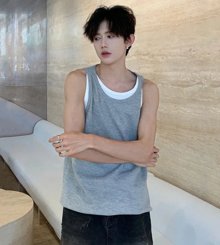 Fashion Men's Loose Tank Tops Round Neck Sleeveless Cotract Color Casual Male Clothing Simple Summer 9C6327