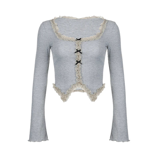 Load image into Gallery viewer, Japanese Y2K Bow Ruched Long Sleeve Tees Skinny Korean Sweet Autumn Tshirt Women Lace Spliced Cropped Top Cutecore
